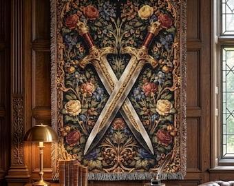 Gekreuzte Schwerter Wandbehang Goth Floral Mittelalter Wand Kabine Dekor Gewebte Decke Dark Academia Dekor Antike Wandkunst Geschenk