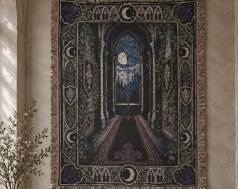 Gothic Cathedral Hallway Tapestry Wall Hanging Moonlit Window Wall Art Woven Throw Blanket Dark Academia Castle Decor
