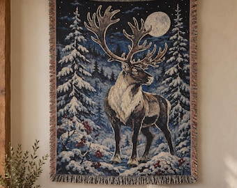 Moonlit Stag Tapestry Wall Hanging Winter Deer Wall Art Woven Throw Blanket Snowy Forest Lodge Decor
