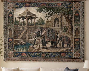Indian Elephant Tapestry Wall Hanging Antique Stepwell Palace Wall Art Large Wall Tapestry Woven Throw Blanket Vintage Temple Garden Decor