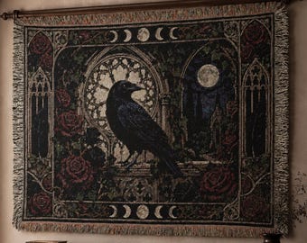 Raven Tapestry Wall Hanging Gothic Rose Moon Wall Art Large Wall Tapestry Woven Throw Blanket Black Bird Dark Academia Castlecore Decor