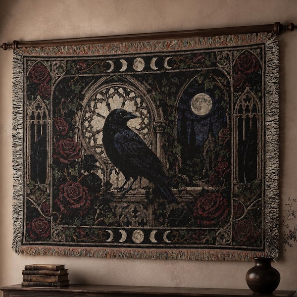Raven Tapestry Wall Hanging Gothic Rose Moon Wall Art Large Wall Tapestry Woven Throw Blanket Black Bird Dark Academia Castlecore Decor