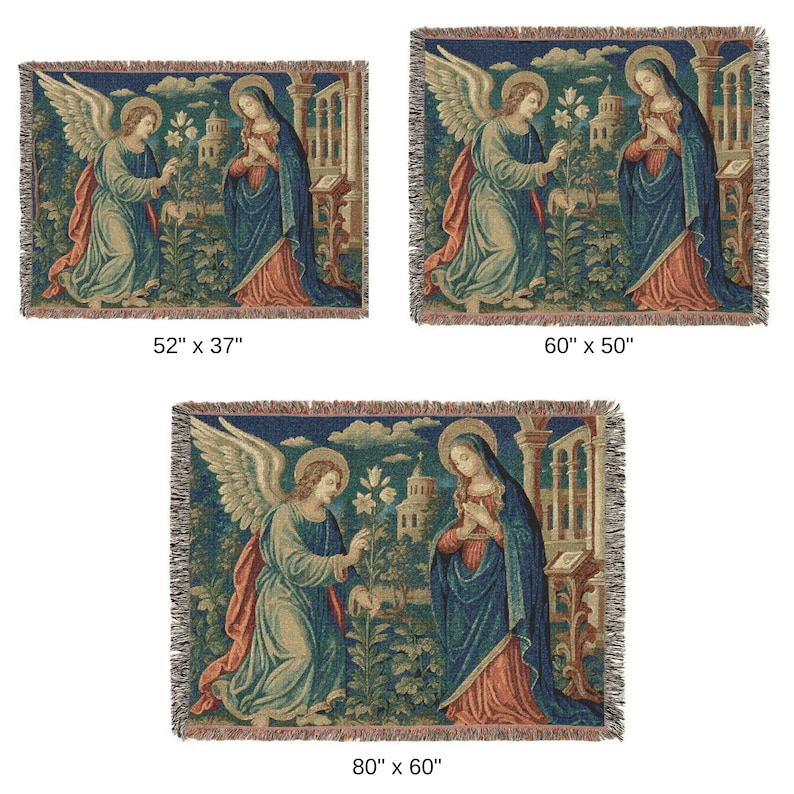 Horizontal woven blanket wall hanging featuring Archangel Gabriel kneeling before the Virgin Mary in an Annunciation scene, with lily flowers, halos, soft robes, garden landscape, old architecture, muted vintage colors, and fringed textile edges.