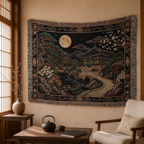 Korean Palace Garden Tapestry Wall Hanging Moonlit Korean Wall Art Woven Throw Blanket Asian Landscape Traditional Floral Old World Decor