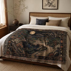 Korean palace tapestry wall hanging on a white background, showing a moonlit traditional garden with tiled pavilion, stone bridge, pond, pine tree, white blossoms, mountains, woven texture, and fringed edges.