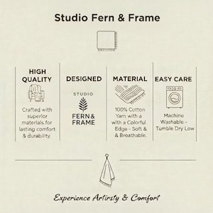 May include: An informational graphic for Studio Fern & Frame featuring a blanket icon, text detailing high quality, 100% cotton yarn material, and easy care instructions including machine washable and tumble dry low, with a towel icon at the bottom.