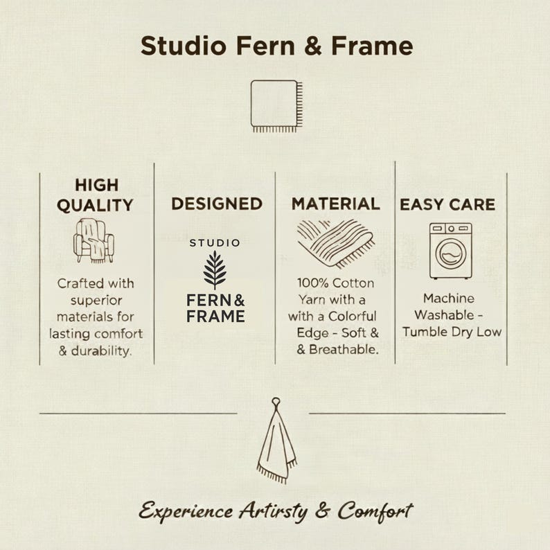 May include: An informational graphic for Studio Fern & Frame featuring a blanket icon, text detailing high quality, 100% cotton yarn material, and easy care instructions including machine washable and tumble dry low, with a towel icon at the bottom.