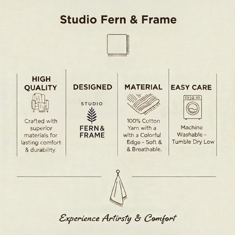 Pode incluir: Gr&aacute;fico informativo para Studio Fern & Frame. O texto destaca alta qualidade, design, material e f&aacute;cil cuidado. O material &eacute; fio 100% algod&atilde;o com uma borda colorida. O produto &eacute; lav&aacute;vel na m&aacute;quina e pode ser seco na m&aacute;quina.