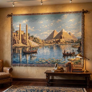 May include: A large tapestry showing an ancient Egyptian scene with pyramids, boats, and figures on a body of water. The tapestry is framed and hung on a wall, displaying a detailed landscape with historical elements.