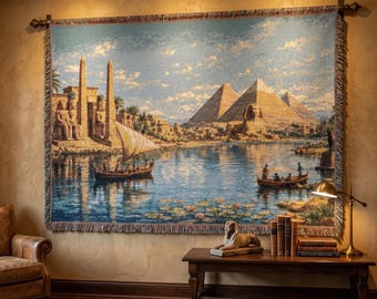 Arazzo da parete con piramide egizia, arte murale dell'antico Egitto, coperta tessuta, decorazione del fiume Nilo, paesaggio del tempio della sfinge, regalo, decorazione scenografica