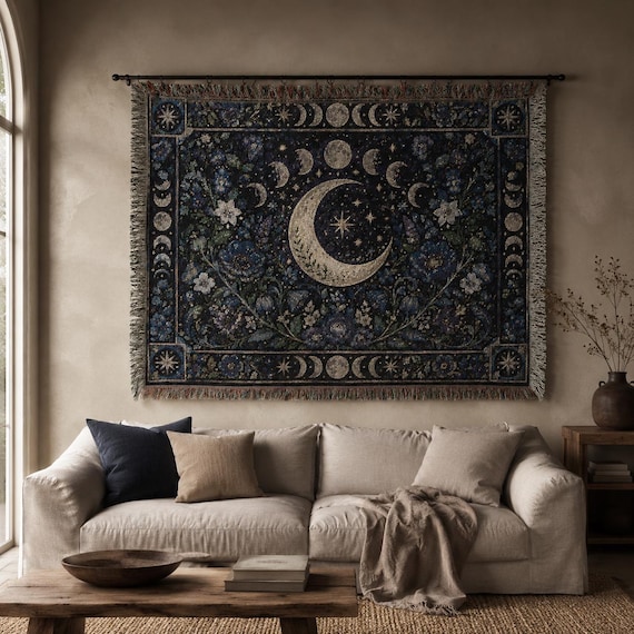 Moon Phase Tapestry Wall Hanging Crescent Moon Floral Wall Art Large Wall Tapestry Woven Throw Blanket Witchy Celestial Botanical Decor