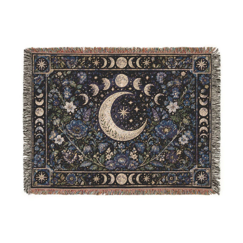 Moon Phase Tapestry Wall Hanging Crescent Moon Floral Wall Art Large Wall Tapestry Woven Throw Blanket Witchy Celestial Botanical Decor image 4