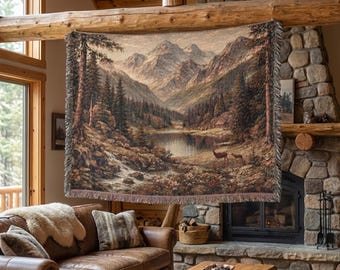 Bergsee Tapisserie Wand Kunst Gewebte Tapisserie Decke Rustikal Landschaft Wandbehang Wald Cabin Cottage Dekor Vintage Natur Fransen Werfen