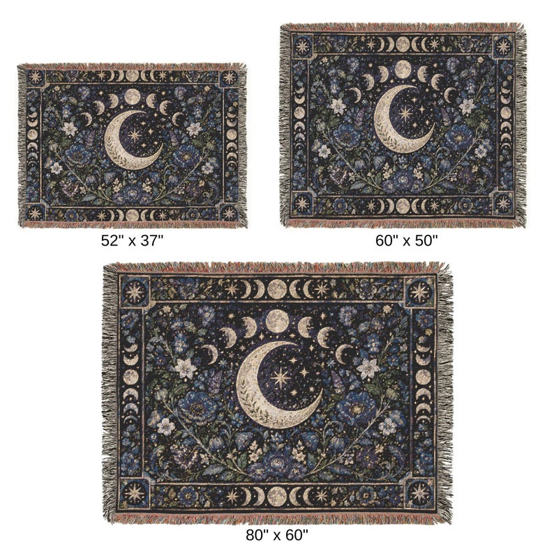 May include: Three rectangular woven throw blankets featuring a dark blue background with a central crescent moon, stars, and floral motifs. The borders display moon phases. Sizes are labeled as 52" x 37", 60" x 50", and 80" x 60" with fringed edges.