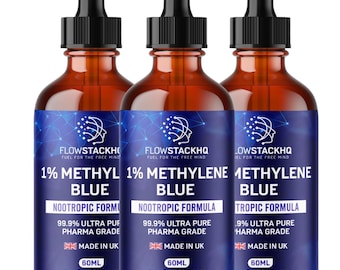 Solución de azul de metileno, paquete de 120 ml, 2 frascos de vidrio ámbar de 60 ml, pureza USP del 99,9 %, fabricado en el Reino Unido, verificado en laboratorio.