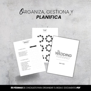 Puede incluir: Un conjunto de documentos de planificación de bodas que incluye una portada titulada The Wedding Planning 2025-2026, una página de plan de asientos con mesas circulares y una página de cronograma mensual con listas de verificación.