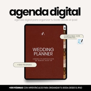 Puede incluir: Una agenda digital de bodas en una pantalla de tablet con cubierta texturizada de color rojo oscuro. El texto dice WEDDING PLANNER, AGENDA PLANIFICACIÓN DE BODAS 2025-26, incluye pestañas de navegación, es compatible con Goodnotes y tiene +100 páginas.