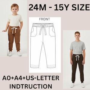 May include: The image showcases a brown sweatpants design, with a drawstring waist and pockets. The design is displayed on a white background. The image also features a child and a young adult wearing similar brown sweatpants. Text on the image indicates sizes from 24 months to 15 years.