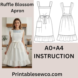 Może przedstawiać: Pokazano biały fartuch Ruffle Blossom z falbankowym dekoltem, wiązaniem w talii i kieszenią. Obraz zawiera kobietę noszącą fartuch oraz rysunek techniczny fartucha z instrukcjami. Widoczny jest również tekst "Ruffle Blossom Apron", "A0+A4 INSTRUCTION" i "Printablesewco.com".