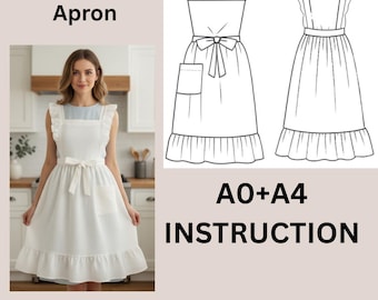 May include: A white Ruffle Blossom Apron with a ruffled neckline, waist tie, and pocket is shown. The image includes a woman wearing the apron and a line drawing of the apron with instructions. The text "Ruffle Blossom Apron", "A0+A4 INSTRUCTION", and "Printablesewco.com" are also visible.
