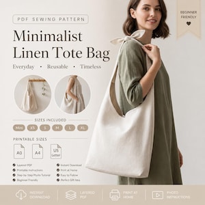May include: A PDF sewing pattern for a minimalist linen tote bag. The document includes text for sizes Mini, XS, S, M, L, and XL, with printable formats for A0, A4, and US Letter. It features a photo of a beige tote bag with a tied shoulder strap.