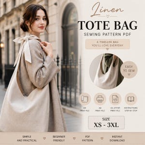 Puede incluir: Un patrón de costura digital para un bolso de lino. La imagen incluye el texto Linen TOTE BAG SEWING PATTERN PDF, A TIMELESS BAG YOU'LL LOVE EVERYDAY, EASY TO SEW, SIZE XS - 3XL, e iconos para archivos de impresión A0, A4, US Letter e instrucciones.
