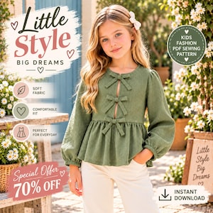 Kids Megan Blouse Sewing Pattern | Peplum Top, Bow Details (Digital Download)
