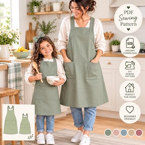 Può includere: Un cartamodello per grembiule verde salvia per adulti e bambini, con design a incrocio sulla schiena e due tasche frontali. Il file digitale include istruzioni per creare grembiuli abbinati, con icone che indicano formato PDF, download istantaneo e cucito per principianti.