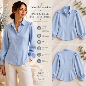 May include: A light blue button-up blouse with long puff sleeves, a collar, and a front button placket. The product is a PDF sewing pattern titled PrintablesewCo Puff Sleeve Button-Up Blouse, including instructions for sizes XS to 5XL.