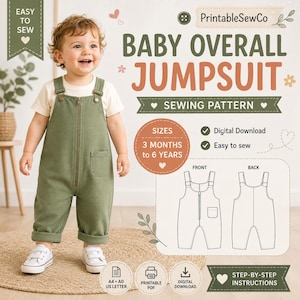 PDF-sömnadsmönster för baby och småbarn med dragkedja, storlekar 3 M-6Y | Mönster för jumpsuits för barn | Direkt nedladdning A0 A4 US Letter | Pojke Flicka