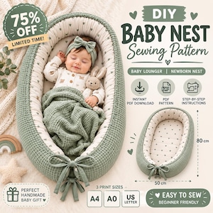 May include: A DIY baby nest sewing pattern featuring a sage green waffle-textured lounger with a heart-patterned interior. The image displays a baby inside the nest, a separate empty nest measuring 80 cm by 50 cm, and text for PDF download.