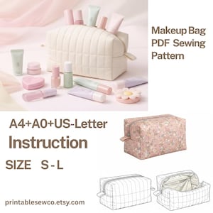 May include: A cream-colored quilted makeup bag with various cosmetic products, including lipsticks, nail polish, and tubes of cream. The image also includes a pink floral makeup bag and a sewing pattern with the text "Makeup Bag PDF Sewing Pattern".