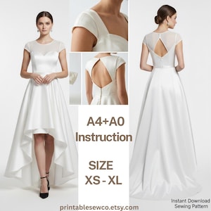May include: White bridal gown with a high-low skirt, short sleeves, and a sheer neckline. The back features a keyhole design and button detailing. The image includes text that reads "A4+A0 Instruction" and "SIZE XS-XL".