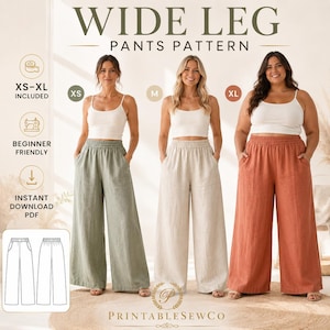 Peut inclure: Un patron de couture numérique pour pantalon large avec une taille élastique et des poches latérales. L'image présente trois variantes du pantalon en vert sauge, beige et terre cuite, portées avec des débardeurs blancs, et indique les tailles XS-XL.