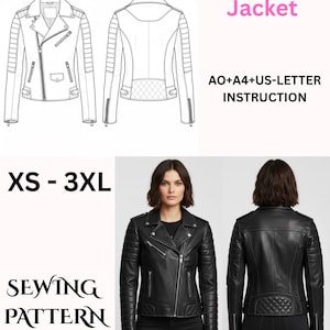 Può includere: Modello di cucito per giacca in pelle nera con vista anteriore e posteriore, più una foto della giacca. Il modello include le taglie XS-3XL. È visibile anche il testo "Leather Jacket" e "SEWING PATTERN".