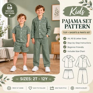 May include: A digital sewing pattern for a kids pyjama set featuring a button-down shirt with short or long sleeves and matching shorts or trousers. The set includes a size chart for ages 2T to 12Y, step-by-step instructions, and A4, A0, and letter size formats.