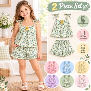 May include: A two-piece set featuring a sleeveless top with tie-shoulder straps and matching shorts with a ruffled hem. Both pieces have a green and white daisy floral print and a yellow flower embellishment on the top. Includes PDF pattern.