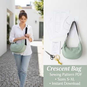 Puede incluir: Un bolso en forma de media luna de color verde claro con una correa negra se lleva sobre el hombro. La imagen también muestra patrones de costura, tijeras y una cinta métrica. El texto dice "Crescent Bag Sewing Pattern PDF". El bolso se muestra en una foto de estilo de vida.