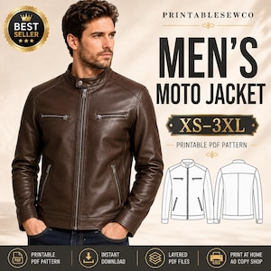 May include: A brown leather moto jacket with a stand-up collar, silver zipper, and two chest pockets. The image includes text reading PRINTABLESEWCO, MEN'S MOTO JACKET, XS-3XL, PRINTABLE PDF PATTERN, and a line drawing of the jacket front and back.
