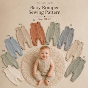May include: A collection of sleeveless baby rompers in various muted colours, each featuring a front zip and a chest pocket. The text reads: PRINTABLESEWCO Baby Romper Sewing Pattern, Sizes 3M–6Y. Sizes 3M, 6M, 12M, 18M, 2Y, 3Y, 4Y, 5Y, and 6Y are labelled.