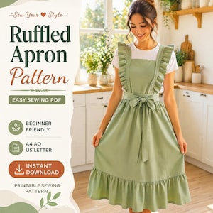 May include: A light green ruffled apron with a bow at the waist and a ruffled hem. The apron is part of a sewing pattern, with text that reads "Ruffled Apron Pattern" and "Easy Sewing PDF". The pattern is beginner-friendly and available for instant download.