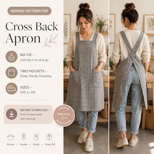 Puede incluir: Un delantal gris con espalda cruzada y dos bolsillos delanteros, usado por una persona. El delantal tiene un patrón de cuadros y está etiquetado como "Cross Back Apron". El texto en el lado izquierdo de la imagen dice "NO-TIE", "TWO POCKETS" y "SIZES XXS to 3XL".