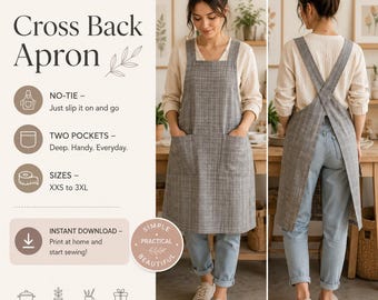 Cross Back Apron Sewing Pattern PDF | Japanese Style Pinafore Apron | No Tie | Pockets | XXS–3XL | Instant Download