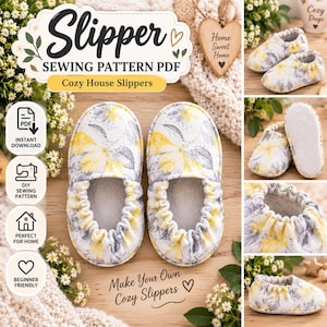 Puede incluir: Un patrón de costura digital para zapatillas de casa con un estampado floral en amarillo y gris. El patrón incluye instrucciones para crear calzado sin cordones con una abertura elástica y una suela texturizada, en formato PDF.