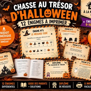 May include: A Halloween treasure hunt printable game set featuring 12 riddles, a parent guide with solutions, and a completion certificate. The cards display orange and black graphics, including pumpkins, ghosts, and spiders, with French text.