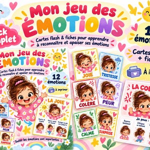 Peut inclure: Un ensemble éducatif numérique intitulé Mon jeu des EMOTIONS comprenant 12 cartes flash et des fiches d'activités. Les graphismes colorés présentent un personnage illustré exprimant diverses émotions avec des étiquettes textuelles en français et des conseils pour les enfants.