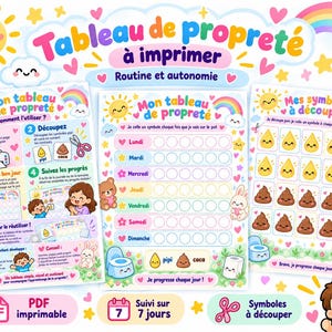 Può includere: Un set di tabelle per l'allenamento al vasino stampabili con illustrazioni colorate di sole, arcobaleno, nuvole e stelle. I fogli includono istruzioni, una griglia di monitoraggio settimanale di sette giorni e simboli ritagliabili a goccia.