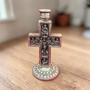 Kreuz Kerzenhalter Doppelgesicht - Griechischer Ikonen Ständer aus Metall - Vintage Religiöses Dekor - Heilige Ikonen - Spirituelles Gebetsgeschenk