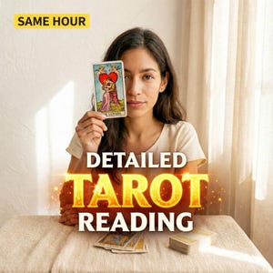 Könnte beinhalten: Eine Frau hält eine Tarotkarte aus dem Liebenden-Deck, mit dem Text "DETAILED TAROT READING" in Gold. Die Worte "SAME HOUR" stehen in einem gelben Feld oben links. Weitere Tarotkarten liegen auf dem Tisch.