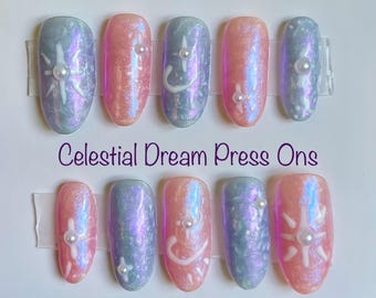 Celestial Dream Press-On Nail Set | Medium Almond Nails with Celestail Painted | Handmade Nails